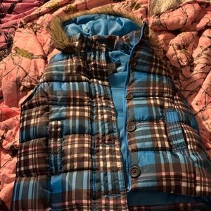 Arizona Jean Company Blue and Black Plaid Puffer Coat with Faux Fur Hood